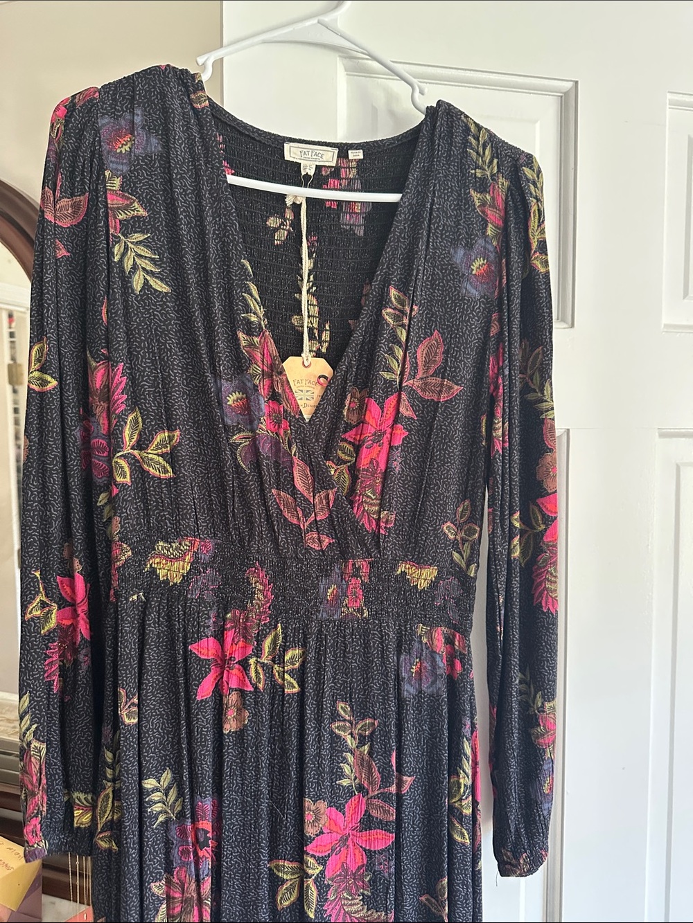 Fat Face Black and Blue Floral Long Sleeve Maxi Dress with Pink & Green Blooms